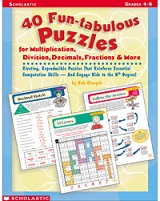SCHOLASTIC 40 Fun Tabulous Puzzles for Multiplication Division Decimals Fractions and More Grades 4-8