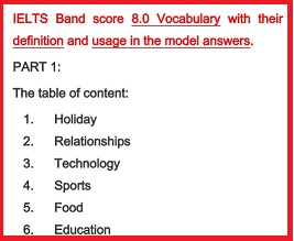 IELTS Band Score 8.0 Vocabulary with their Definition and Usage in the Model Answers